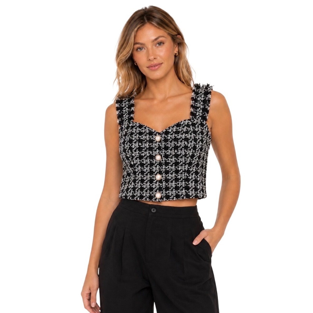 NWT Lulus Classy Energy Black Multi Tweed Button Front Crop Tank Top Size L